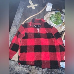 Gently used Sherpa sweater, zip top, black and red, soft, size M, boxercraft